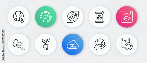 Set line CO2 emissions in cloud, Shopping bag with recycle, Drop and magnifying glass, Hand holding Earth globe, Radioactive waste barrel, Water energy, and Electric saving plug leaf icon. Vector