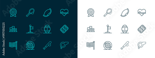 Set line Heart rate, Car wheel, American Football ball, Baseball bat with, Flag, Medieval bow, Medal star and Tennis racket icon. Vector