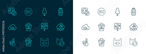 Set line Eco nature leaf battery, Trash can, Recycle clean aqua, Shopping bag with recycle, Infectious waste, Tree, Electrical outlet and Banner for bio icon. Vector