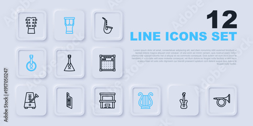 Set line Electric bass guitar, Trumpet, Balalaika, Ancient Greek lyre, Banjo, Keytar, African percussion drum and Piano icon. Vector