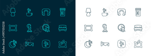 Set line Sleeping pill, Bed, Alarm clock, Sleepy, Earplugs and ear, Travel neck pillow, Table lamp and Chamomile tea icon. Vector