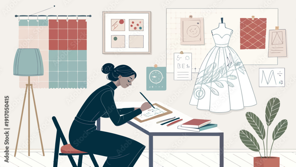 Fototapeta premium Fashion designer sketching new dress design in a bright studio, surrounded by fabric swatches, mannequins, and mood boards. Elegant flat illustration.