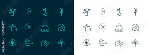 Set line Leaf, Cloud with rain and sun, Winter hat, Cup of tea, Four leaf clover, Socks, Bare tree and icon. Vector