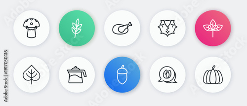Set line Acorn, Leaf, Chestnut, Roasted turkey chicken, Pumpkin and Teapot icon. Vector