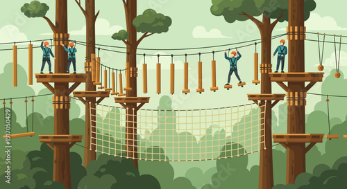 People Navigating a Treetop High Ropes Course in a Lush Forest Adventure Park.