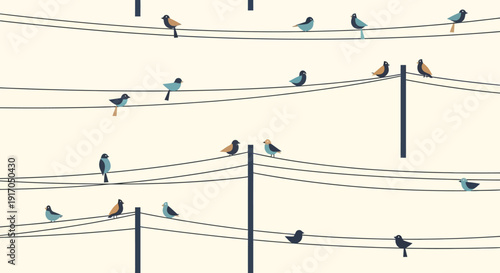 A flock of birds perched along power wires against a pale sky, capturing a quiet urban wildlife moment.
