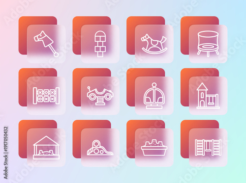 Set line Jumping trampoline, Slide playground, Attraction carousel, Sandbox with sand, Swing, Horse saddle swing, Toy horse and Hopscotch icon. Vector