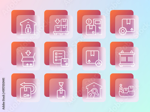 Set line Gear with package box, Crane cardboard, Carton, Warehouse check, Verification of delivery list, Home services, Closed warehouse and Cardboard boxes pallet icon. Vector