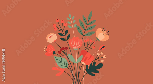 Bouquet of colorful flowers and leaves painted in watercolor on a warm orange background with natural flair.