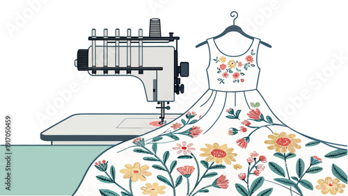 Close-up illustration of a sewing machine with spools of thread and a flowing, intricately embroidered dress, highlighting the art of dressmaking.