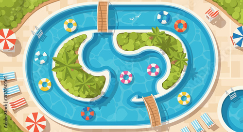 Colorful outdoor inflatable pool with winding lazy river and wooden bridge for kids.