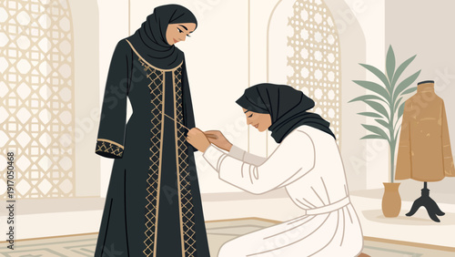 Muslim tailor meticulously hand-sewing intricate gold details onto an elegant black abaya dress, showcasing cultural fashion and craftsmanship.