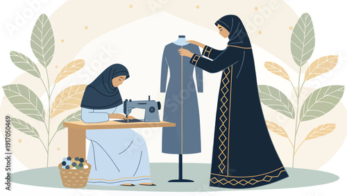 Two Muslim women in a tailor shop, one using a sewing machine and the other adjusting a dress on a mannequin, creating modest fashion. Warm, inviting illustration.