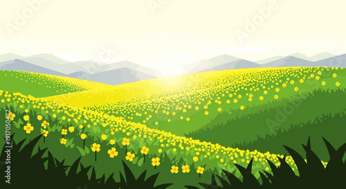 Sunlit yellow flowering fields across rolling hills in a springtime landscape.