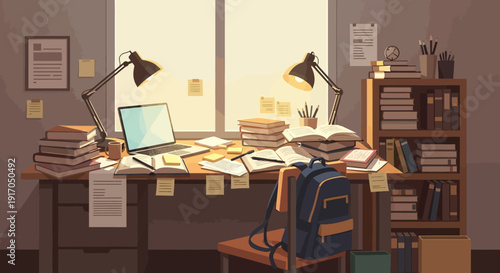 Busy cluttered office desk with laptop, papers, and shelves in a daytime workspace.