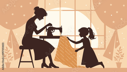 Mother and child silhouettes sewing a dotted fabric on a sewing machine, a warm scene of family crafting and learning together.