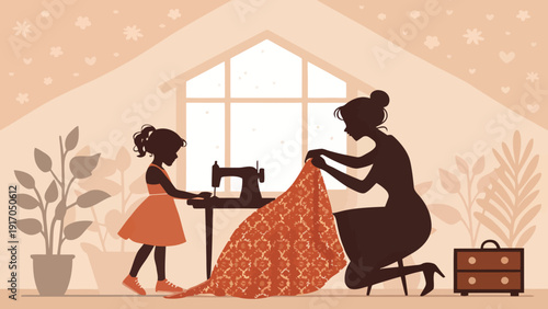Mother and daughter silhouettes creating a detailed orange lace dress, a heartwarming scene of shared creativity and sewing skills.