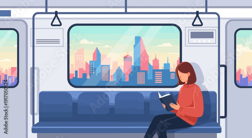 Commuter riding a modern train with a distant city skyline visible through the window during daytime travel.