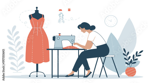 Fashion designer working diligently at a sewing machine on a coral dress, with a mannequin and plants in a bright, stylish studio.