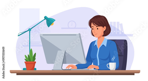 Confident Woman Working at a Modern Office Desk with Computer and Plant in a Quiet Workspace.