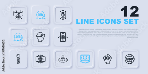 Set line Virtual reality glasses, 360 degree view, 3d modeling, Augmented AR, Big brother electronic eye, and icon. Vector