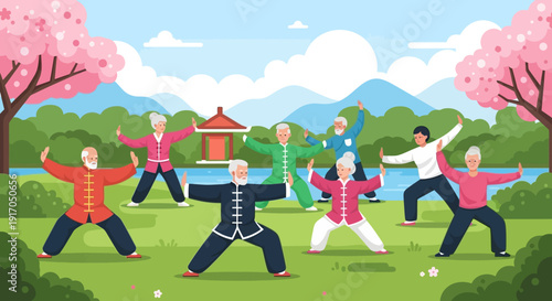 Group of People Exercising in a Sunny Park with Blossoms and Mountain Views in the Background.