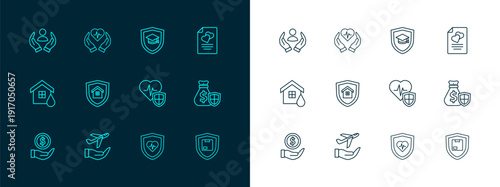 Set line Marriage contract, Plane in hand, Life insurance with shield, House, Graduation cap, and icon. Vector