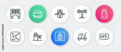 Set line Train in railway tunnel, and, Railway map, Trolley suitcase, traffic light, Route location, ticket and Turnstile icon. Vector