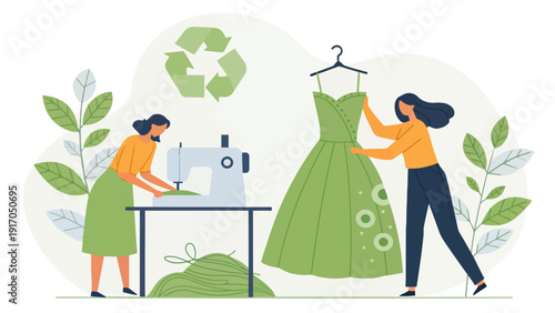 Sustainable fashion concept: women in a bright studio sewing a green dress with recycling symbol, showcasing eco-friendly clothing creation.