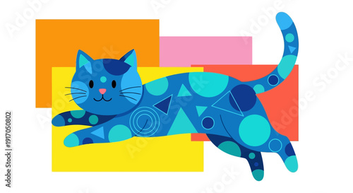 Playful blue geometric cat lounging among colorful blocks.
