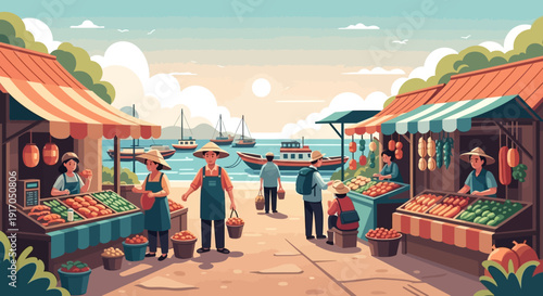 Bustling coastal outdoor market by the sunny seaside with colorful stalls and shoppers.