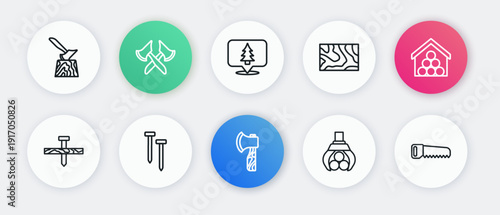 Set line Wooden axe, logs, Metallic nail, Grapple crane grabbed, beam, Location of the forest, Hand saw and nails icon. Vector