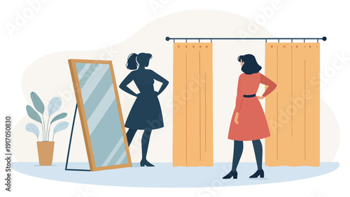 Woman Trying on Dress in a Changing Room with Mirror and Stylish Outfit