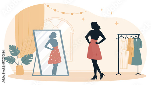 Woman Choosing Fashionable Outfit in a Stylish Dressing Room with Mirror and Clothes Rack