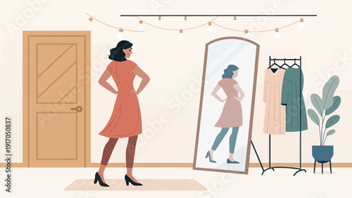 Fashionable Woman Posing in a Dressing Room, Admiring Her Outfit in a Tall Mirror