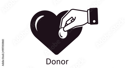 A hand dropping a coin into a heart shaped container representing donation