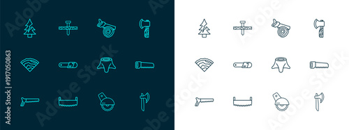Set line Wooden axe, Two-handed saw, Tree stump, Electric circular, Chainsaw, Hand log, and Metallic nail icon. Vector