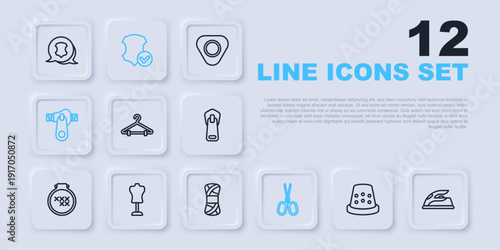 Set line Thimble for sewing, Electric iron, Hanger wardrobe, Scissors, Zipper, Mannequin, Leather and Yarn icon. Vector