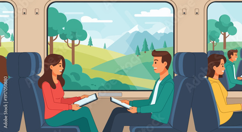 Two travelers reading and conversing on a train journey through countryside.