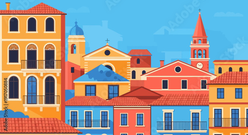 Colorful Mediterranean Town Buildings with Vibrant Facades and Coastal Cityscape Under Bright Sky.