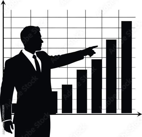 Businessman silhouette pointing at rising bar chart, financial growth concept, corporate success strategy, analytics presentation, market performance improvement, leadership vision illustration