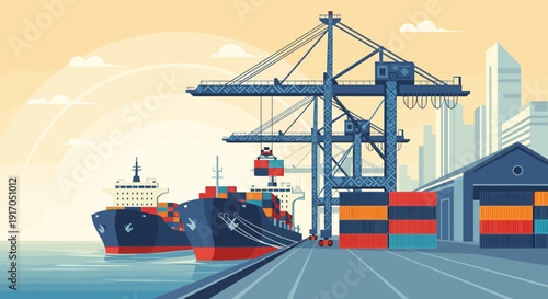 Busy industrial port scene featuring container cranes, ships, and dockyards at the waterfront.