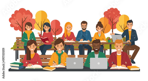 Diverse group of students collaborating with laptops in a lively classroom setting for shared learning.