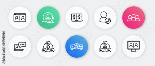 Set line Movie, film, media projector, Meeting, Video chat conference, and icon. Vector