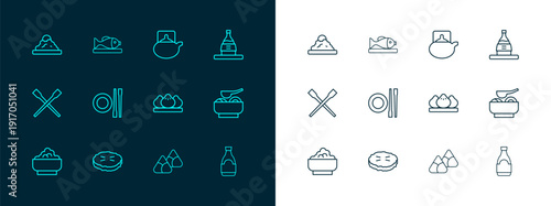 Set line Bottle of sake, Homemade pie, Dumpling, Zongzi bamboo steamer, Food chopsticks with plate, Traditional ceremony, Rice bowl and Served fish icon. Vector