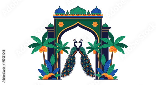 Decorative Indian Gateway with Peacocks, Palm Trees and Ornate Arch.