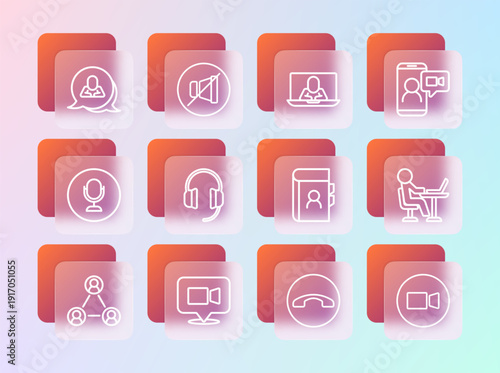 Set line Video chat conference, Phone book, Telephone handset, Headphones, Speech bubble and Mute microphone icon. Vector