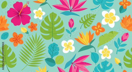 Vibrant tropical pattern with colorful leaves and flowers for textiles and wallpapers.