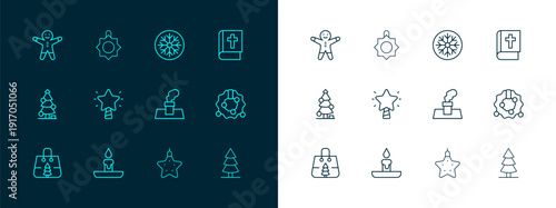 Set line Holy bible book, Burning candle, Christmas chimney, star, Snowflake, Holiday gingerbread man cookie and toy icon. Vector