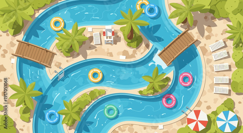 Aerial view of a tropical resort water park with winding pools, bridges, slides and palm-fringed lounge decks.